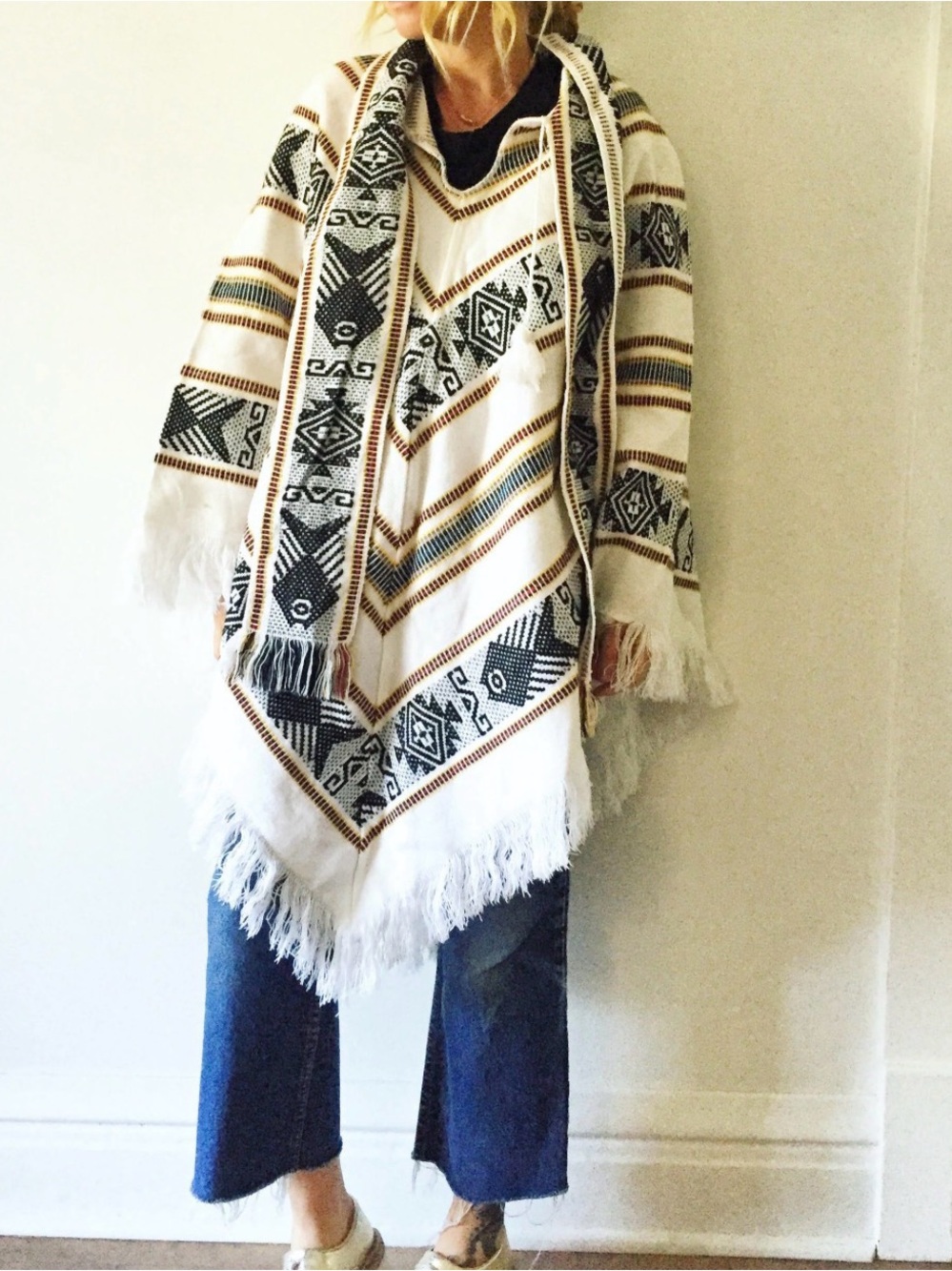 White Aztec Fringe V-Neck Poncho Sweater
